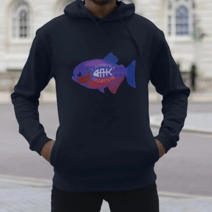 Blue Piranha Design Hoodie - with AK Collective emblem.