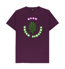 Load image into Gallery viewer, WYSIWYG neon green fingers t-shirt in purple
