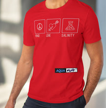 Load image into Gallery viewer, Peace, Love and salinity red t-shirt UK
